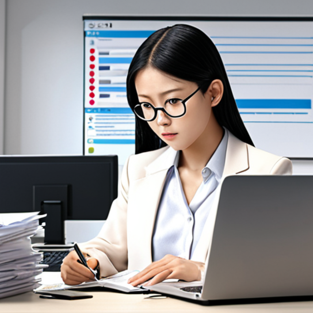**

A determined local *Gyoseishoshi* (administrative scrivener) confidently using a laptop, surrounded by legal documents and digital tools like cloud storage icons. The scene conveys expertise and efficiency. Focus on a modern, bright office setting.

**