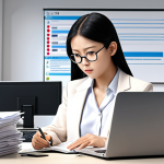 **

A determined local *Gyoseishoshi* (administrative scrivener) confidently using a laptop, surrounded by legal documents and digital tools like cloud storage icons. The scene conveys expertise and efficiency. Focus on a modern, bright office setting.

**