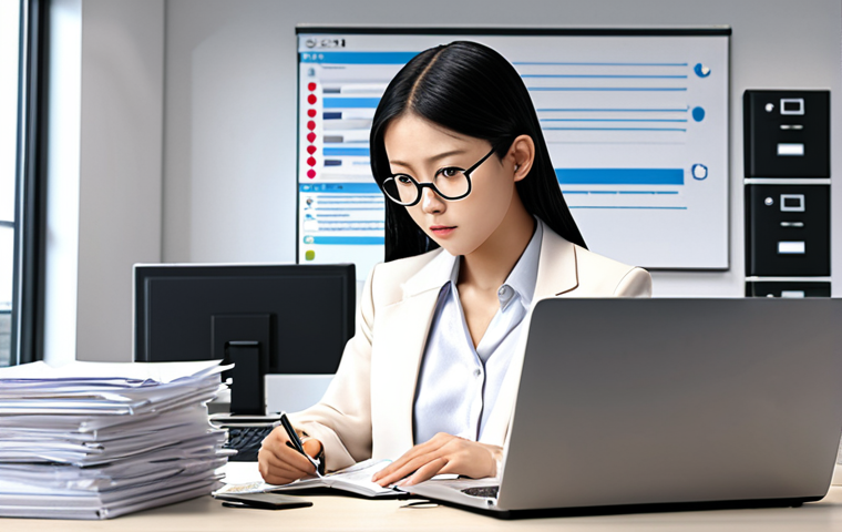 **

A determined local *Gyoseishoshi* (administrative scrivener) confidently using a laptop, surrounded by legal documents and digital tools like cloud storage icons. The scene conveys expertise and efficiency. Focus on a modern, bright office setting.

**