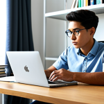 A focused professional, gender-neutral, in modest, professional-casual attire, sitting at a sleek wooden desk in a modern, sunlit home office. Textbooks and a laptop displaying study materials are neatly arranged. The person is looking intently at the screen, engrossed in learning. The atmosphere is calm and conducive to deep concentration. fully clothed, appropriate attire, safe for work, perfect anatomy, natural proportions, well-formed hands, proper finger count, natural body proportions, high quality, professional photography, family-friendly.