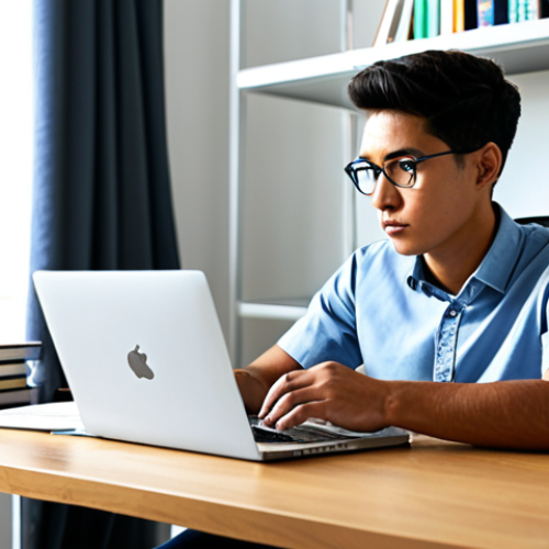 A focused professional, gender-neutral, in modest, professional-casual attire, sitting at a sleek wooden desk in a modern, sunlit home office. Textbooks and a laptop displaying study materials are neatly arranged. The person is looking intently at the screen, engrossed in learning. The atmosphere is calm and conducive to deep concentration. fully clothed, appropriate attire, safe for work, perfect anatomy, natural proportions, well-formed hands, proper finger count, natural body proportions, high quality, professional photography, family-friendly.