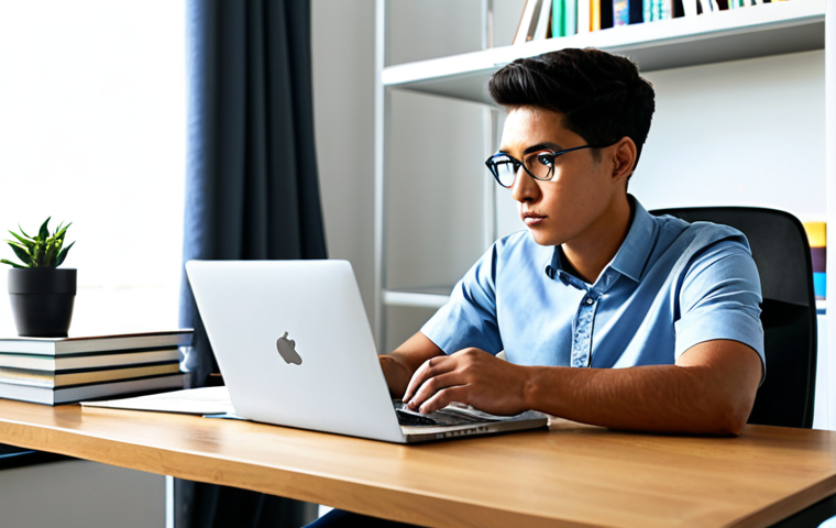 A focused professional, gender-neutral, in modest, professional-casual attire, sitting at a sleek wooden desk in a modern, sunlit home office. Textbooks and a laptop displaying study materials are neatly arranged. The person is looking intently at the screen, engrossed in learning. The atmosphere is calm and conducive to deep concentration. fully clothed, appropriate attire, safe for work, perfect anatomy, natural proportions, well-formed hands, proper finger count, natural body proportions, high quality, professional photography, family-friendly.