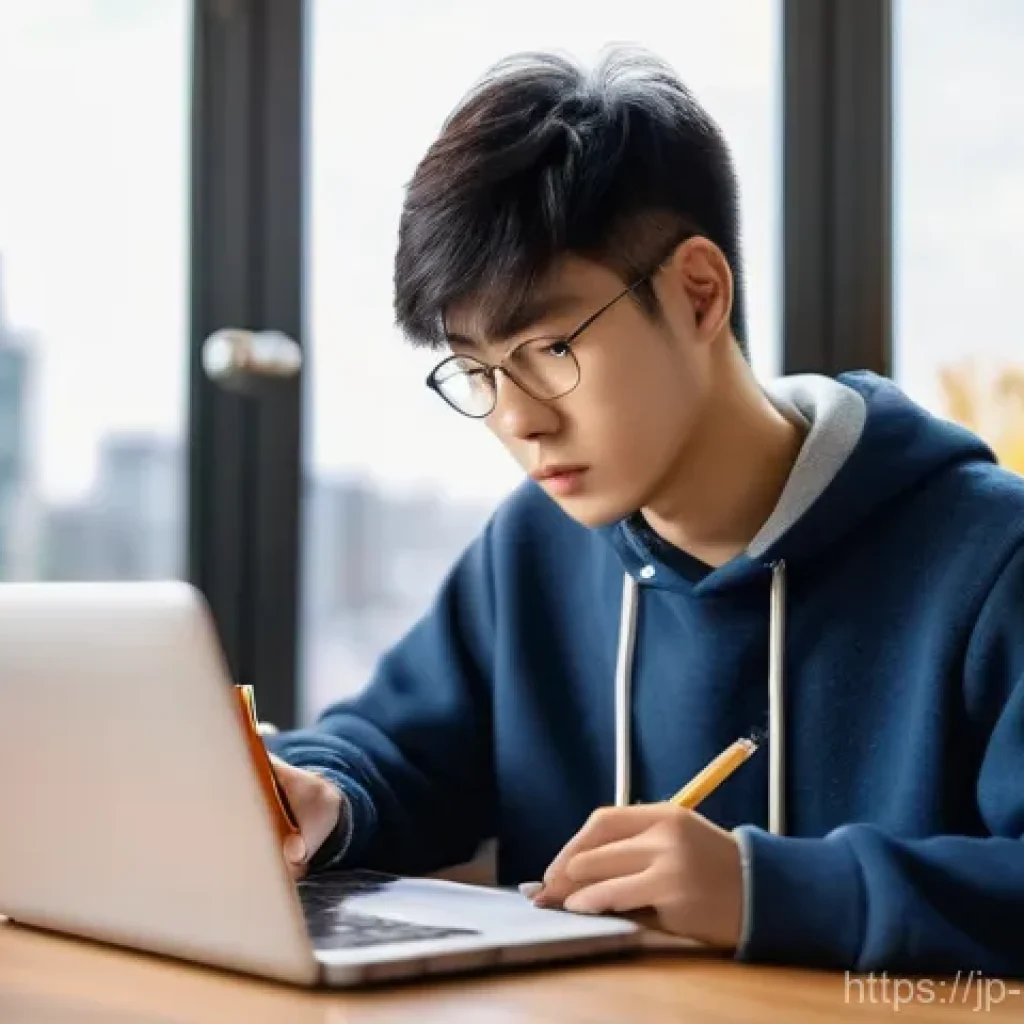 지방행정사 실기시험 준비 팁 - **Prompt:** A young Japanese student, in their early twenties, deeply focused at a modern study desk...
