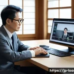 지방행정사 실무 사례 분석 - A professional Japanese administrative scrivener (gyoseishoshi) in a modern office environment, wear...