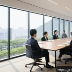 지방행정사 상담 사례 및 대응법 - A modern Japanese local government office scene showing diverse administrative staff engaged in a ca...