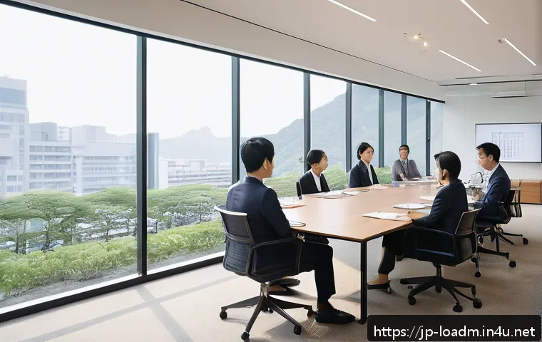 지방행정사 상담 사례 및 대응법 - A modern Japanese local government office scene showing diverse administrative staff engaged in a ca...