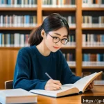 지방행정사 자격증 준비기간 단축법 - A modern Japanese study scene in a quiet library during daytime, showing a young Japanese woman in c...