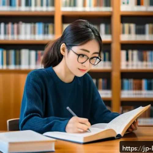 지방행정사 자격증 준비기간 단축법 - A modern Japanese study scene in a quiet library during daytime, showing a young Japanese woman in c...