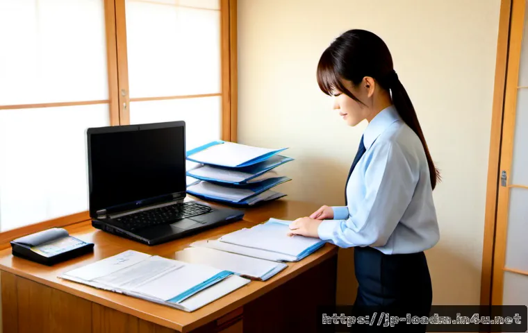지방행정사 업무 노하우 공개 - Photorealistic Japanese administrative professional in a neat home office, carefully organizing blan...