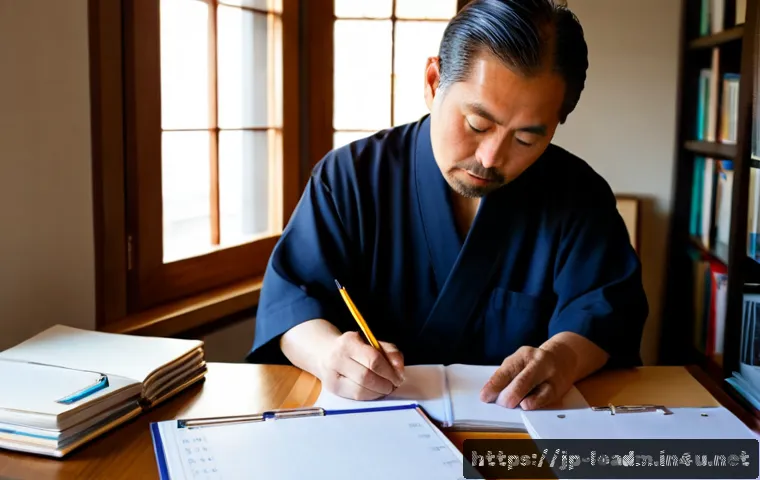 지방행정사 경력자의 추천 공부법 - Photorealistic Japanese former local government administrator in their late 50s studying efficiently...